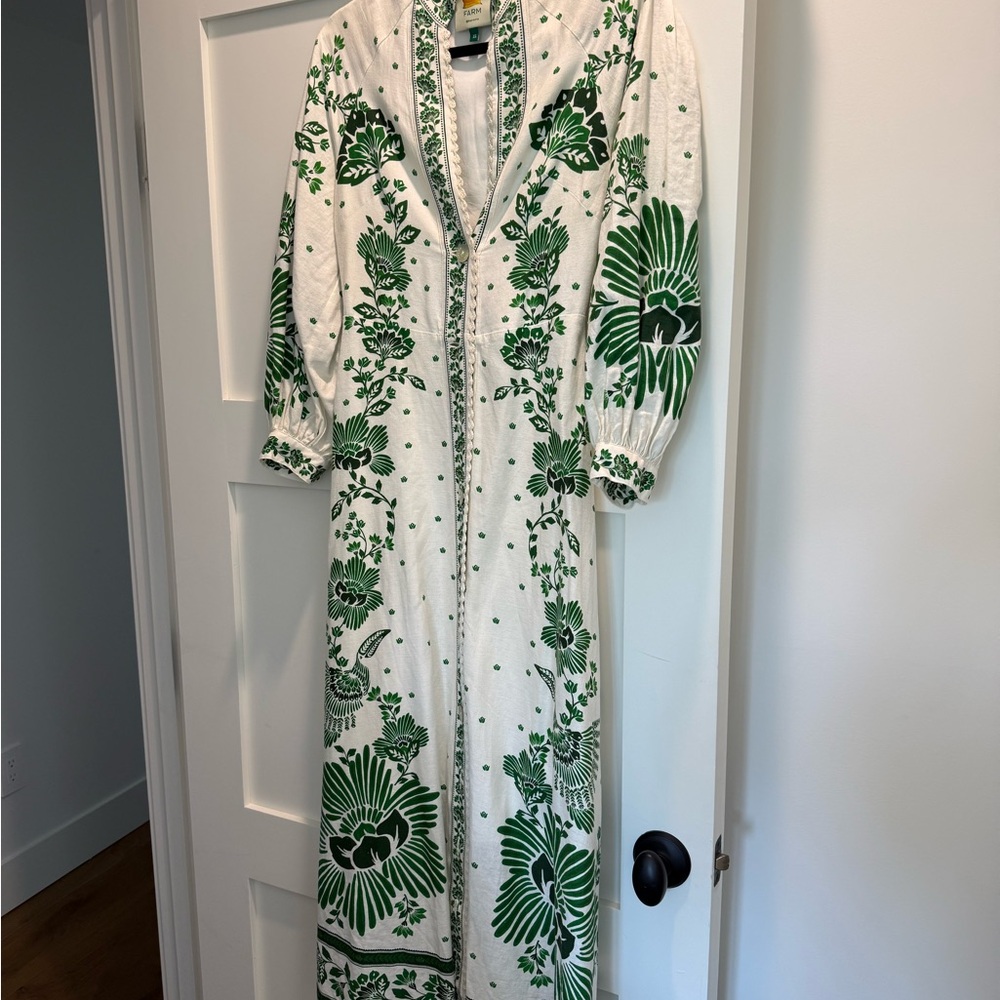 FARM Rio White and Green Resort Maxi Dress with Mandarin Collar